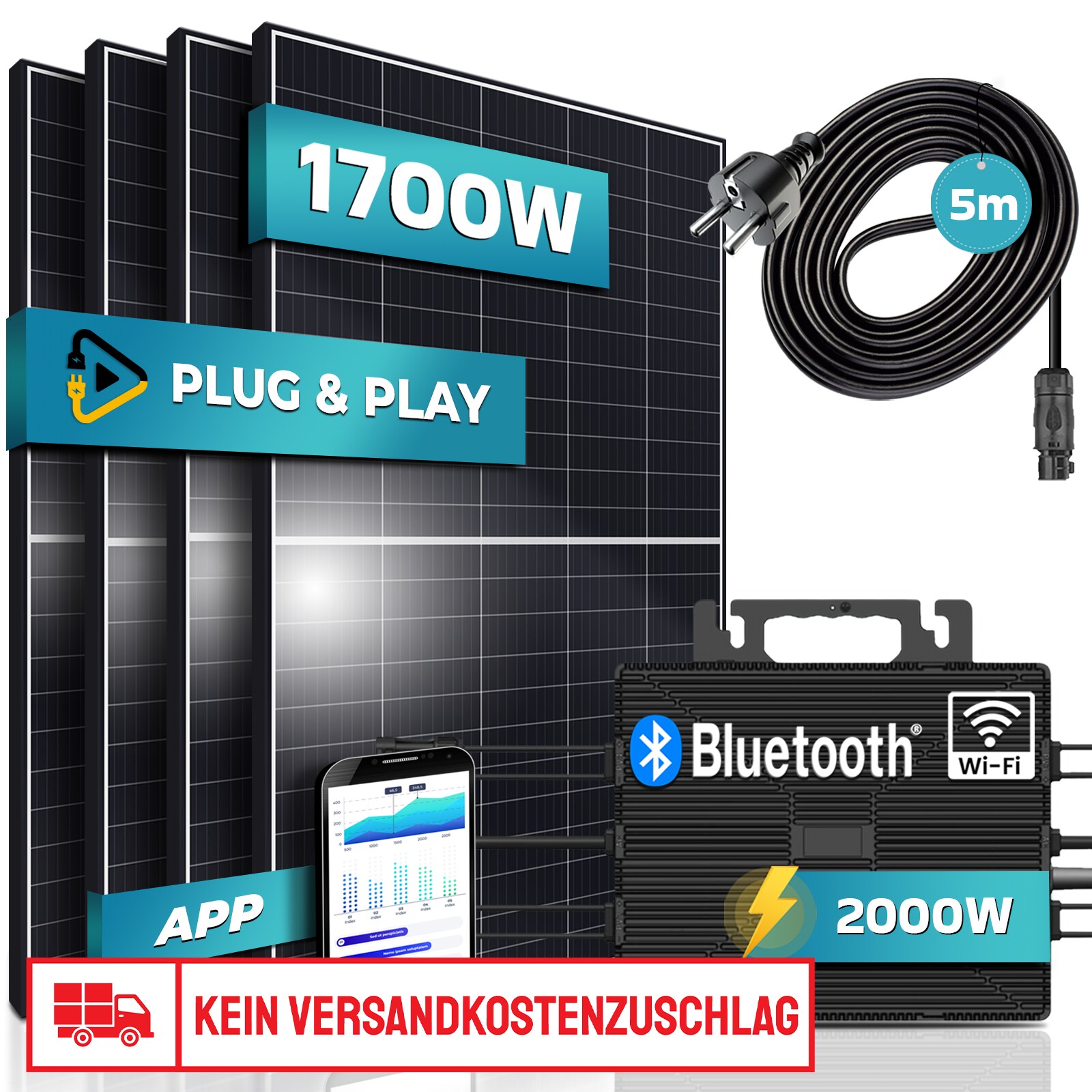 SUNNIVA&reg; 1700W Balkonkraftwerk 2000W komplett Steckdose - Astro Energy 2000W Micro Wechselrichter - PV Solaranlage Komplettset - 4x 425W (1700W) Solarmodule - inkl. 5m Kabel - Bluetooth, WIFI 