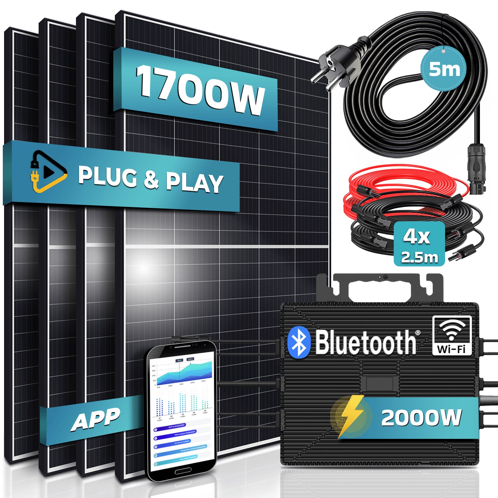 ® 1700W Balkonkraftwerk 2000W komplett Steckdose - Astro Energy 2000W Micro Wechselrichter - PV Solaranlage Komplettset - 4x 425W (1700W) Solarmodule - inkl. 5m Kabel - Bluetooth, WIFI