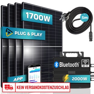 SUNNIVA® 1700W Balkonkraftwerk 2000W komplett Steckdose - Astro Energy 2000W Micro Wechselrichter - PV Solaranlage Komplettset - 4x 425W (1700W) Solarmodule - inkl. 5m Kabel - Bluetooth, WIFI 