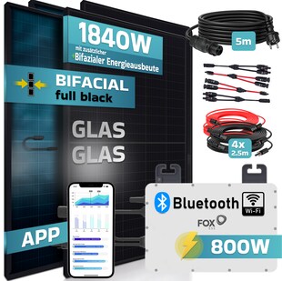 SUNNIVA® 1840W Balkonkraftwerk BIFAZIAL FULLBLACK komplett Steckdose FOXESS 800 Watt Wechselrichter, Solaranlage Komplettset, 4x 460W N-Type Glas-Glas Bifacial Solarmodule, 5m Kabel, 4x2.5m Solarkabel 