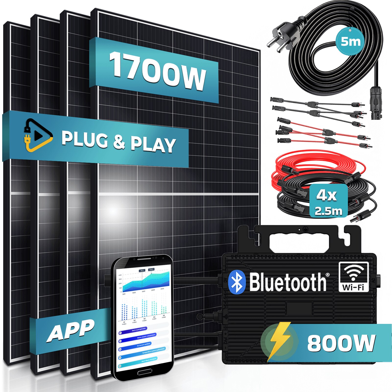 ® 1700W Balkonkraftwerk 800W komplett Steckdose - Astro-Energy 800W Micro Wechselrichter - PV Solaranlage Komplettset, 4x 425W (1700W) Solarmodule, inkl.5m Kabel, Y-Verteiler, Bluetooth, WIFI
