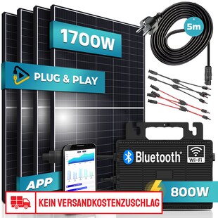 SUNNIVA® 1700W Balkonkraftwerk 800W komplett Steckdose - Astro-Energy 800W Micro Wechselrichter - PV Solaranlage Komplettset, 4x 425W (1700W) Solarmodule, inkl.5m Kabel, Y-Verteiler, Bluetooth, WIFI 