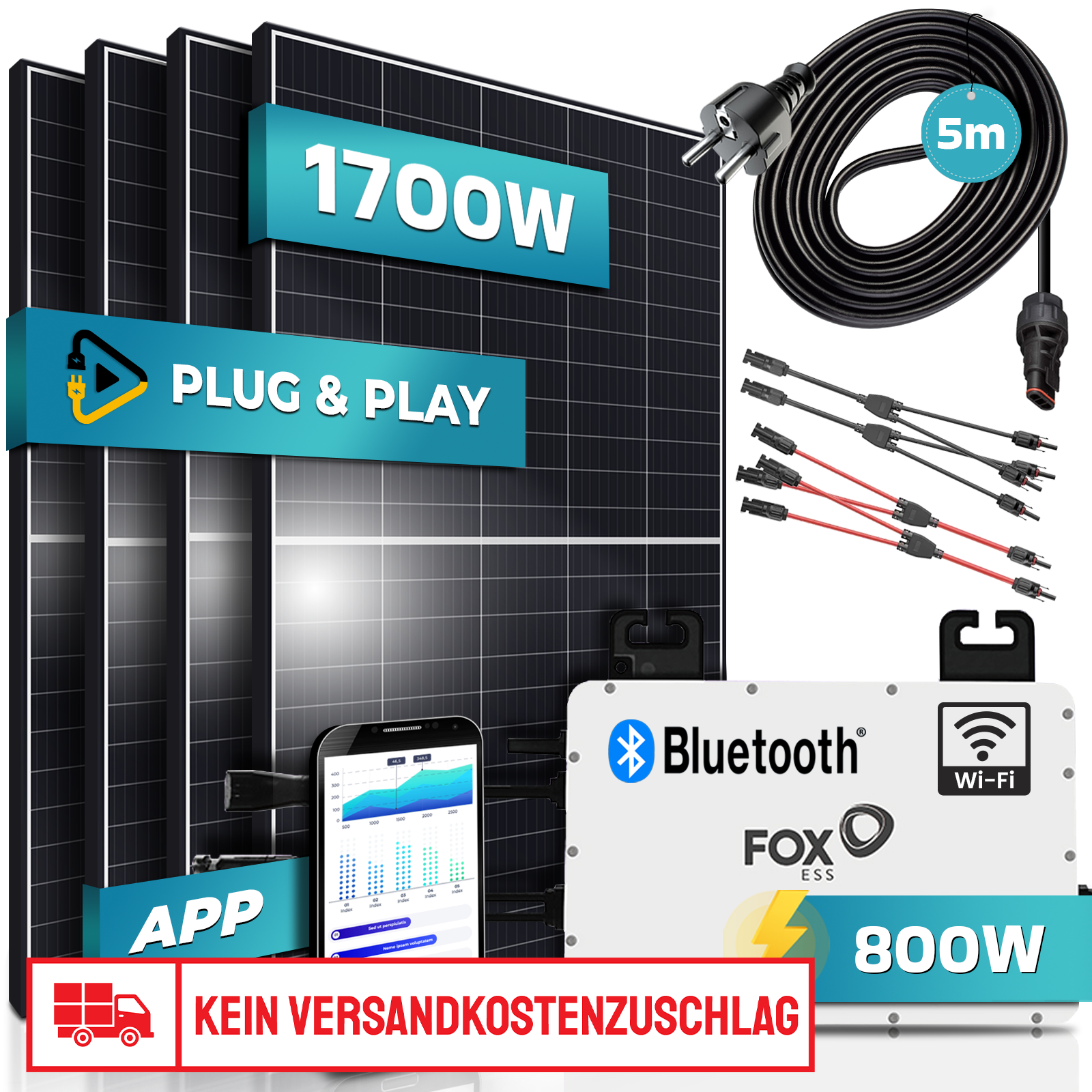 SUNNIVA&reg; 1700W Balkonkraftwerk 800W komplett Steckdose - FOX ESS 800W Micro Wechselrichter - PV Solaranlage Komplettset, 4x 425W (1700W) Solarmodule, inkl.5m Kabel, Y-Verteiler, Bluetooth, WIFI 