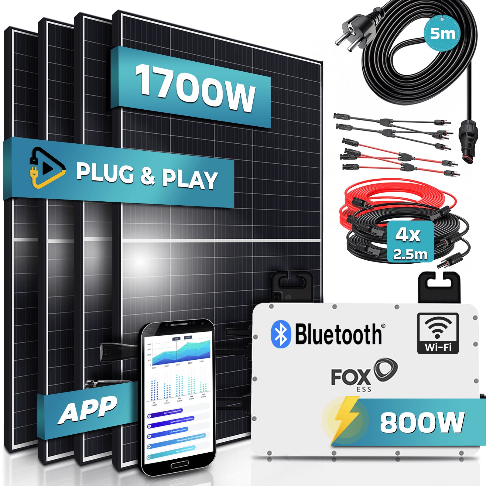 ® 1700W Balkonkraftwerk 800W komplett Steckdose - FOX ESS 800W Micro Wechselrichter - PV Solaranlage Komplettset, 4x 425W (1700W) Solarmodule, inkl.5m Kabel, Y-Verteiler, Bluetooth, WIFI