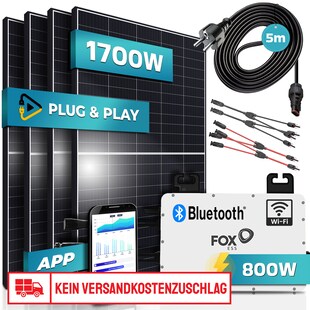 SUNNIVA® 1700W Balkonkraftwerk 800W komplett Steckdose - FOX ESS 800W Micro Wechselrichter - PV Solaranlage Komplettset, 4x 425W (1700W) Solarmodule, inkl.5m Kabel, Y-Verteiler, Bluetooth, WIFI 