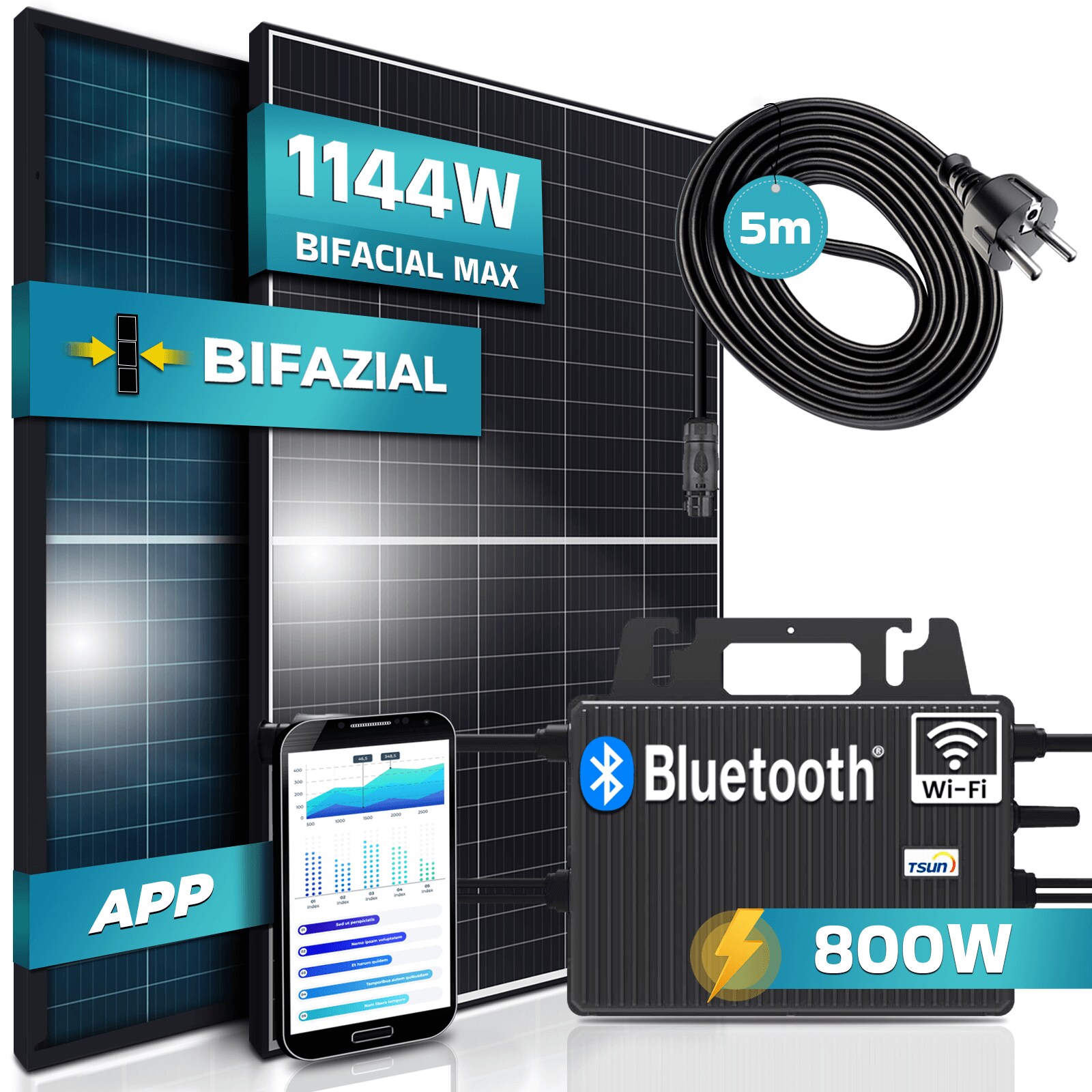 SUNNIVA&reg; 880W Balkonkraftwerk 800W komplett Steckdose - TSUN 800W Wechselrichter - PV Solaranlage Komplettset - 2x 440W BIFAZIAL, BLACK Frame, Single Glas Solarmodule - inkl. 5m Kabel - Bluetooth 