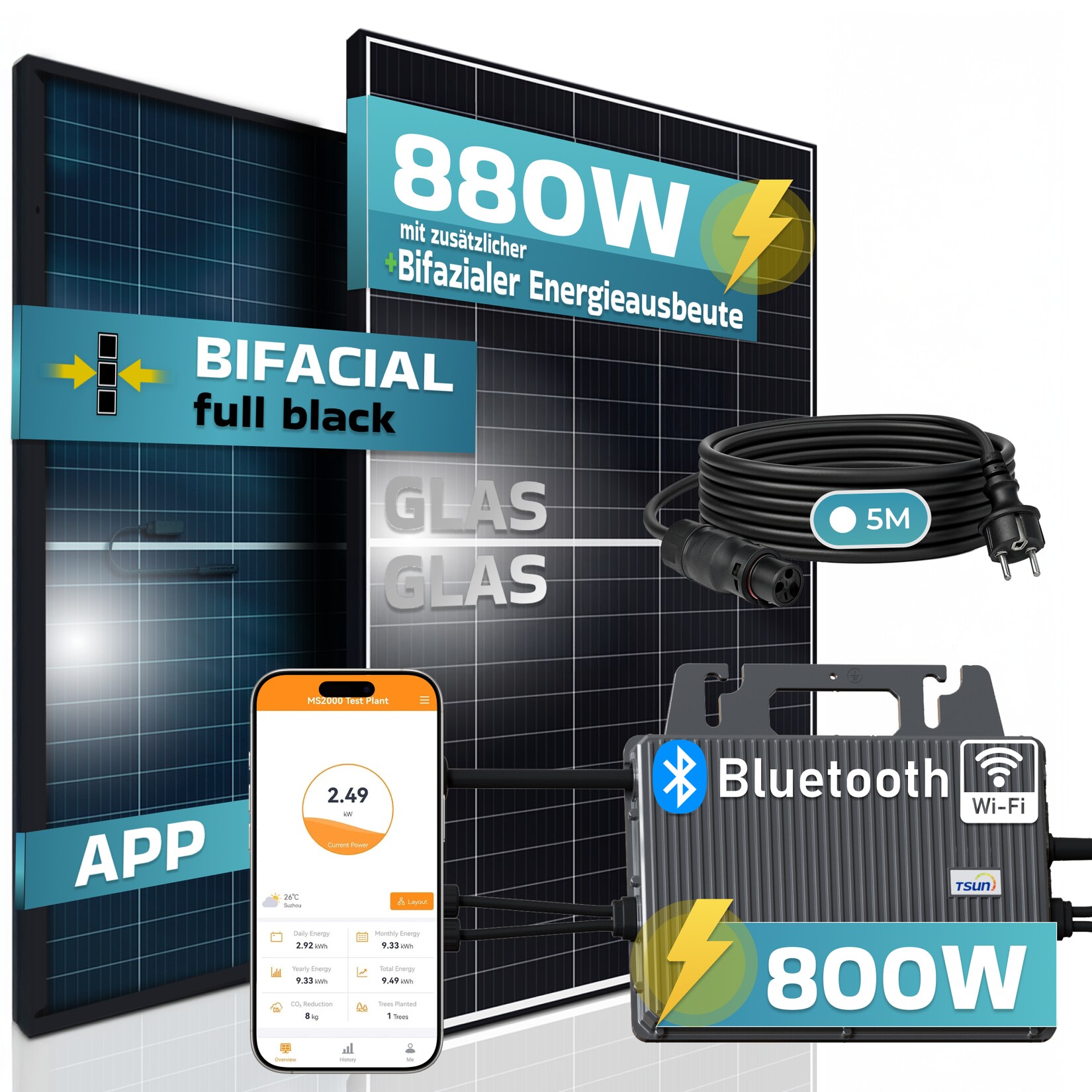 ® 880W Balkonkraftwerk 800W komplett Steckdose - TSUN 800W Wechselrichter - PV Solaranlage Komplettset - 2x 440W BIFAZIAL, BLACK Frame, Single Glas Solarmodule - inkl. 5m Kabel - Bluetooth