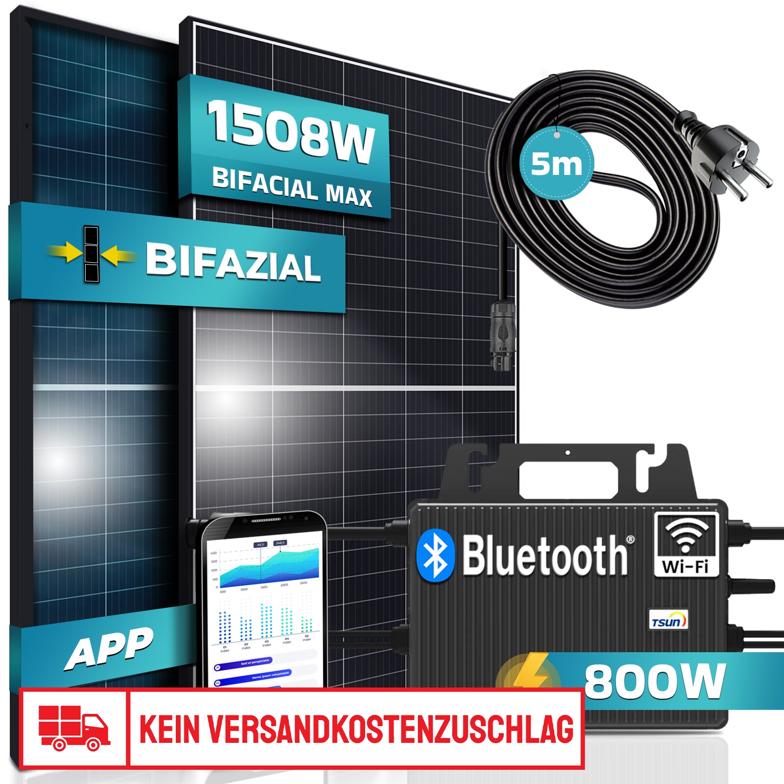 SUNNIVA&reg; Balkonkraftwerk BIFACIAL Black Frame 1508W/800W Solaranlage mit 800W TSUN Micro Wechselrichter Wifi Bluetooth, upgradebar drosselbar, 2x580W Solarmodule, 5m Kabel, Photovoltaikanlage 