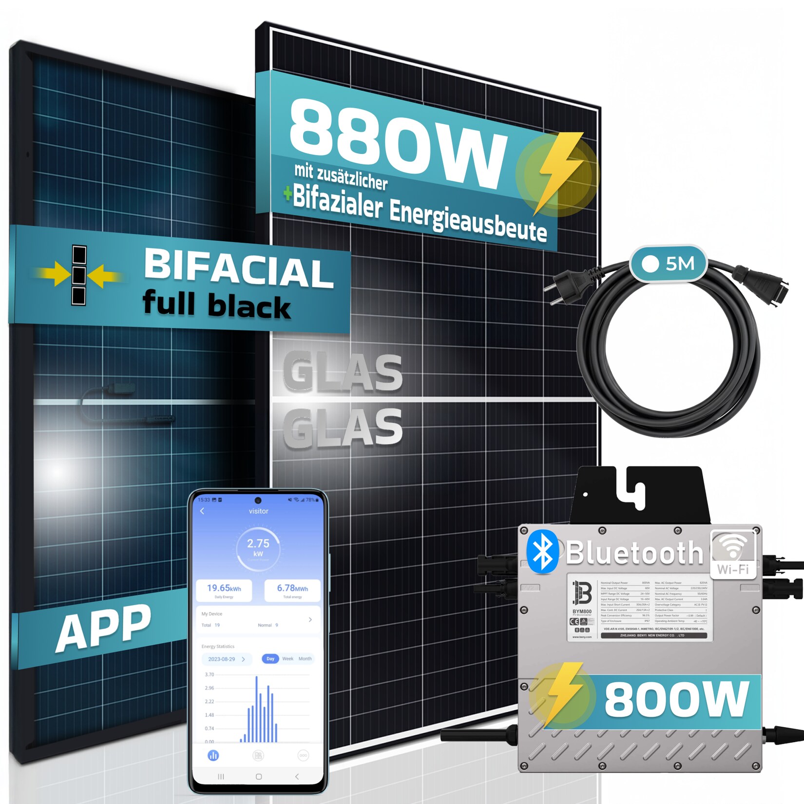 ® 880W Balkonkraftwerk 800W komplett Steckdose, Beny 800W Wechselrichter, PV Solaranlage Komplettset, 2x 440W BIFAZIAL, BLACK Frame, Single Glas Solarmodule, inkl.5m Kabel, WIFI