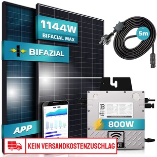 SUNNIVA® 880W Balkonkraftwerk 800W komplett Steckdose, Beny 800W Wechselrichter, PV Solaranlage Komplettset, 2x 440W BIFAZIAL, BLACK Frame, Single Glas Solarmodule, inkl.5m Kabel, WIFI 