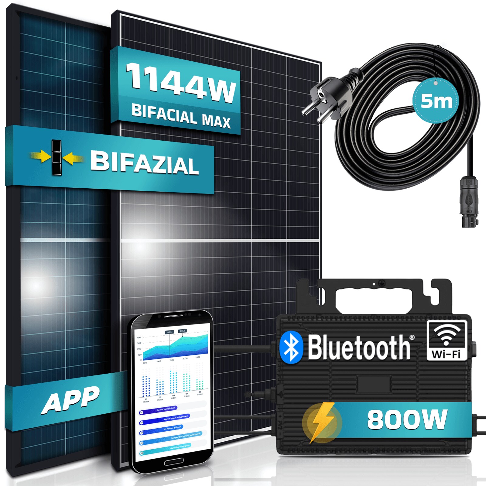 SUNNIVA&reg; 880W Balkonkraftwerk 800W komplett Steckdose, Astro Energy 800W Wechselrichter, PV Solaranlage Komplettset, 2x 440W BIFAZIAL, BLACK Frame, Single Glas Solarmodule, inkl. 5m Kabel - Bluetooth 