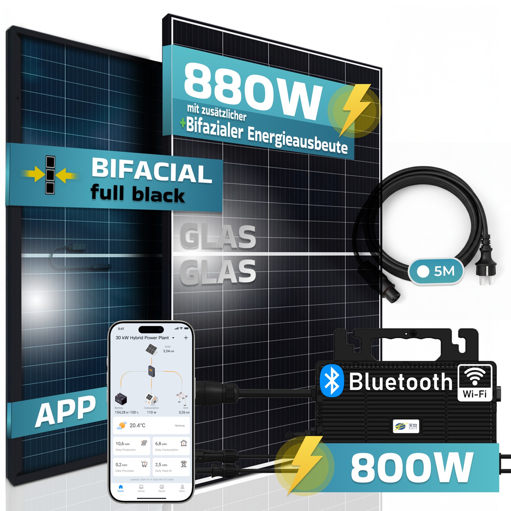 ® 880W Balkonkraftwerk 800W komplett Steckdose, Astro Energy 800W Wechselrichter, PV Solaranlage Komplettset, 2x 440W BIFAZIAL, BLACK Frame, Single Glas Solarmodule, inkl. 5m Kabel - Bluetooth