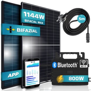 SUNNIVA® 880W Balkonkraftwerk 800W komplett Steckdose, Astro Energy 800W Wechselrichter, PV Solaranlage Komplettset, 2x 440W BIFAZIAL, BLACK Frame, Single Glas Solarmodule, inkl. 5m Kabel - Bluetooth 