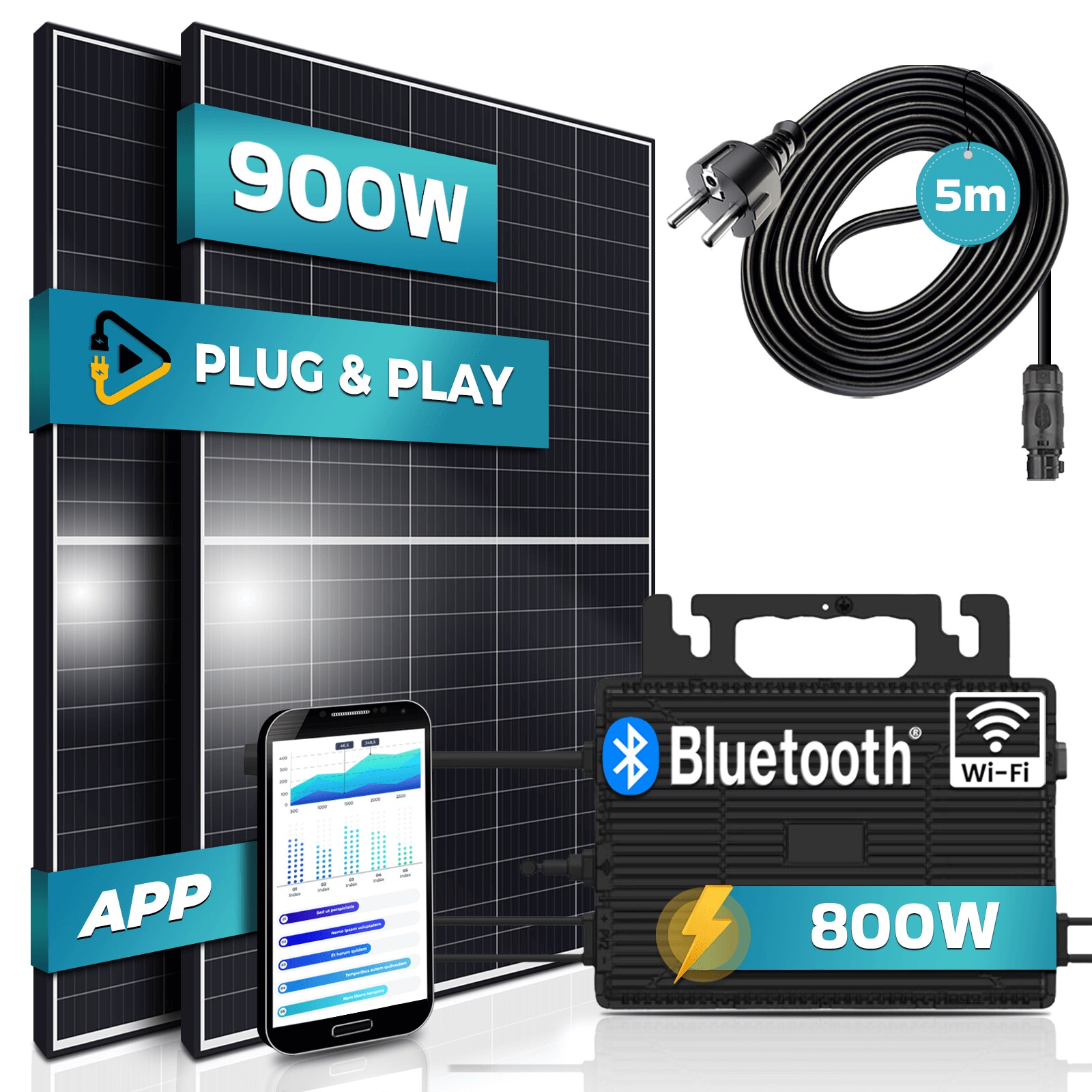 ® 900W Balkonkraftwerk 800W komplett Steckdose - Astro Energy 800W Wechselrichter - PV Solaranlage Komplettset - 2x 450W Solarmodule - inkl. 5m Kabel - Bluetooth WIFI