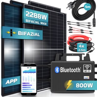 SUNNIVA® 1760W Balkonkraftwerk 800W komplett Steckdose, TSUN 800W Wechselrichter, PV Solaranlage Komplettset, 4x 440W BIFAZIAL, BLACK Frame, Single Glas Solarmodule, inkl. 5m Kabel - Bluetooth 