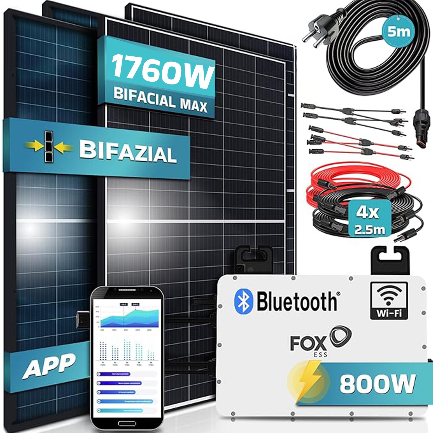® 1760W Balkonkraftwerk 800W komplett Steckdose, FOX ESS 800W Wechselrichter, PV Solaranlage Komplettset, 4x 440W BIFAZIAL, BLACK Frame, Single Glas Solarmodule, inkl. 5m Kabel
