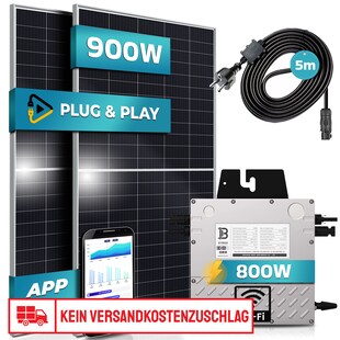 SUNNIVA® 900W Balkonkraftwerk 800W komplett Steckdose - Beny 800W Wechselrichter - PV Solaranlage Komplettset - 2x 450W (900W) Solarmodule - inkl. 5m Kabel -WIFI 