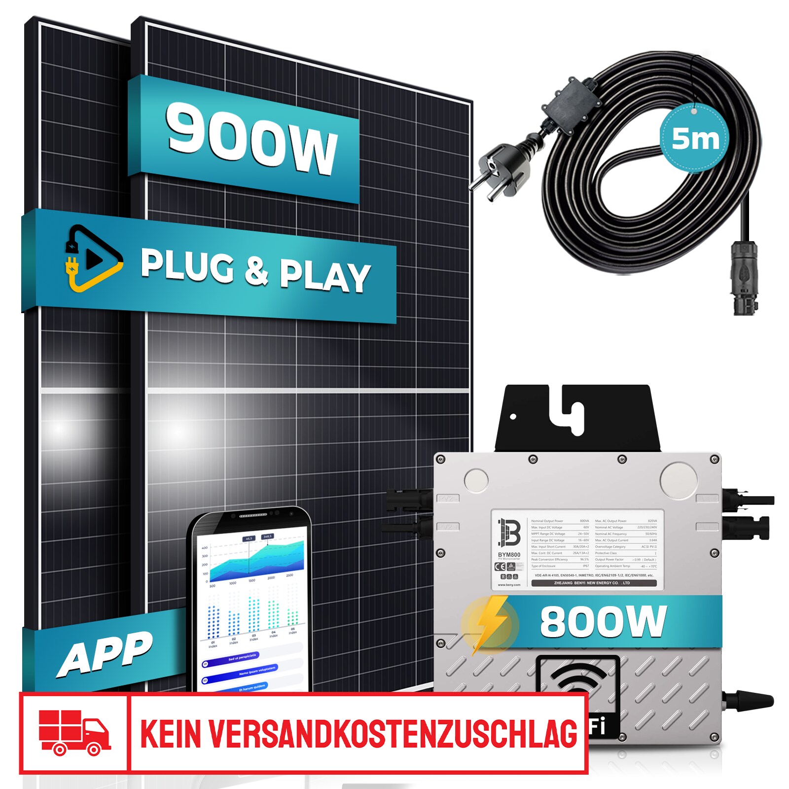 SUNNIVA&reg;  900W Balkonkraftwerk 800W komplett Steckdose - Beny 800W Wechselrichter - PV Solaranlage Komplettset - 2x 450W (900W) Solarmodule - inkl. 5m Kabel - WIFI 