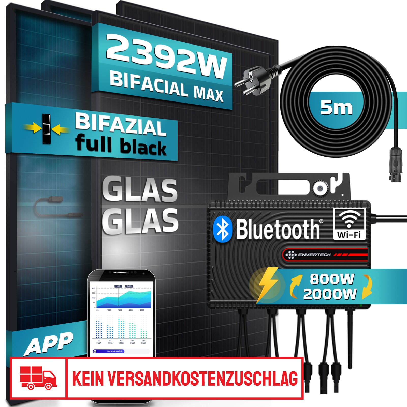 SUNNIVA&reg; Balkonkraftwerk FULL ALL BLACK BIFACIAL 2392W/2000W Solaranlage mit 2000W ENVERTECH Micro Wechselrichter Wifi Bluetooth, upgradebar drosselbar, 4x460W Bifaziale Solarmodule, 5m Kabel, PV 