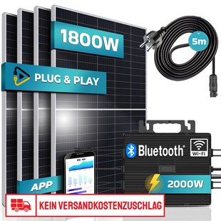 SUNNIVA® 1800W Balkonkraftwerk 2000W komplett Steckdose - Astro Energy 2000W Wechselrichter - PV Solaranlage Komplettset - 4x 450W (1800W) Solarmodule - inkl. 5m Kabel - Bluetooth, WIFI 