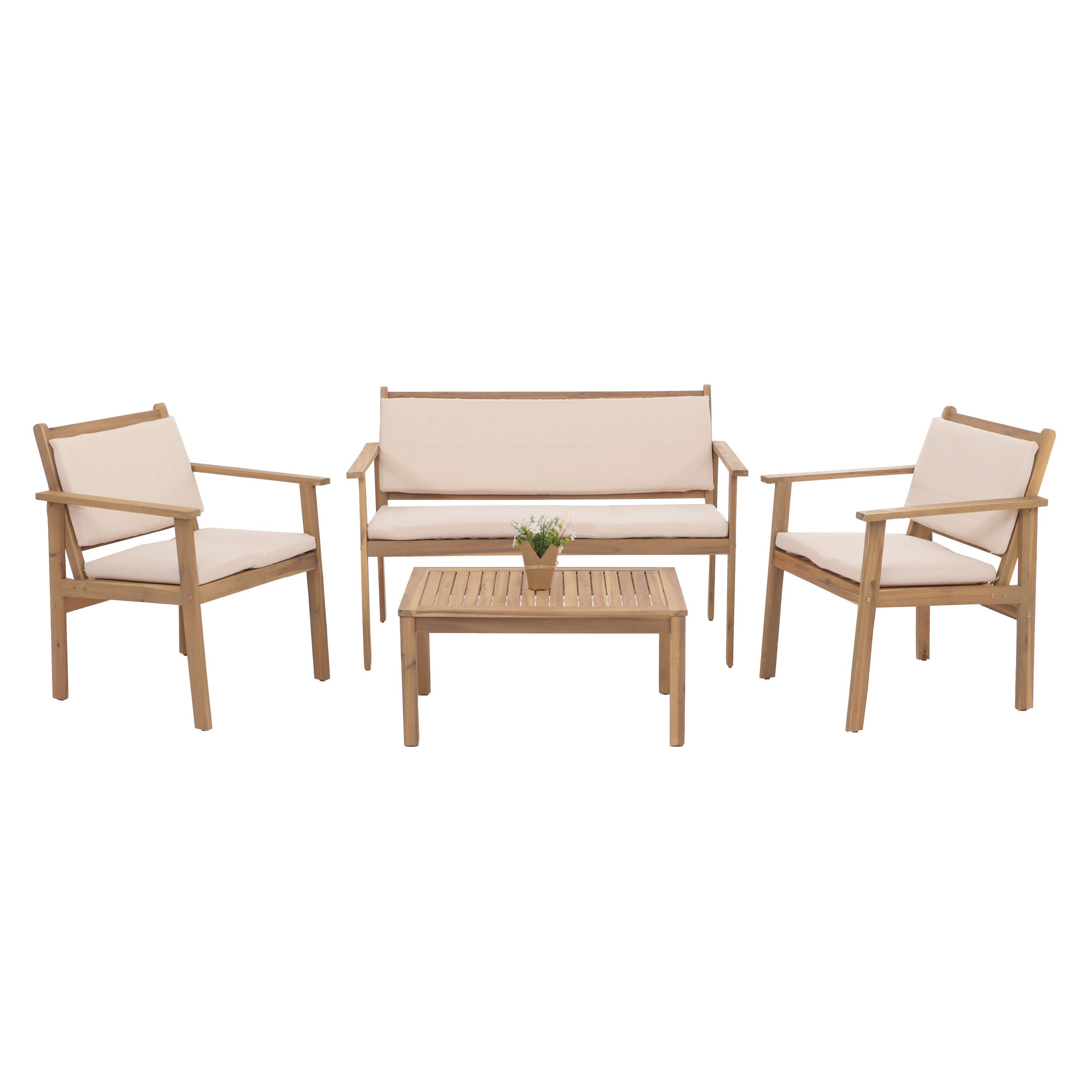 Garten-Garnitur MCW-O19, Lounge-Set Sitzgruppe Bank Sessel Tisch, Holz Akazie MVG Stoff/Textil (180g/m&sup2;) ~ Kissen beige 