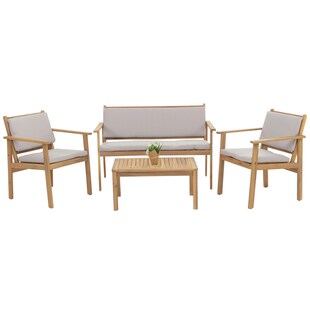 Garten-Garnitur MCW-O19, Lounge-Set Sitzgruppe Bank Sessel Tisch, Holz Akazie MVG Stoff/Textil (180g/m²) ~ Kissen grau 