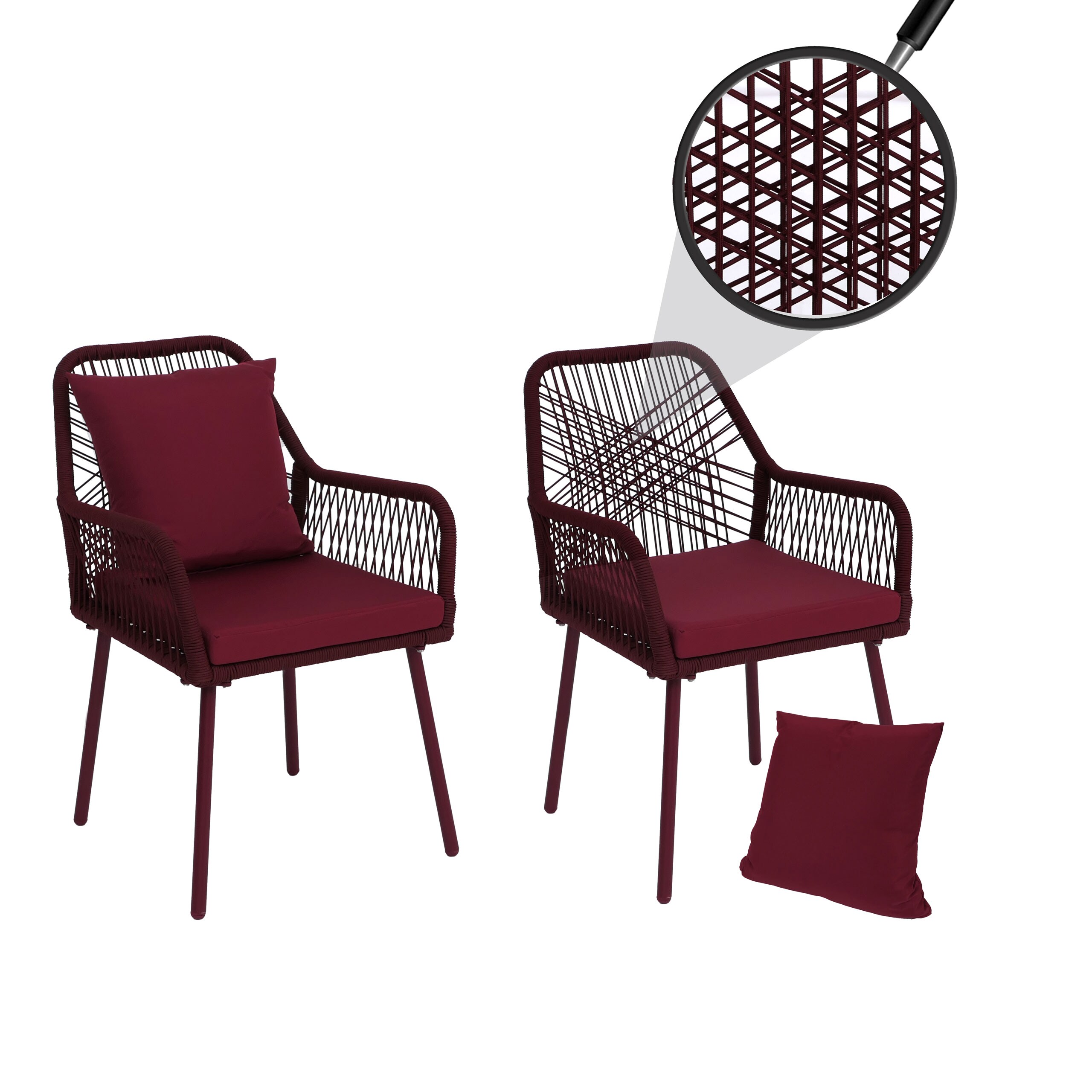 2er-Set Gartenstuhl MCW-O12, Outdoor Sitz-/R&uuml;ckenpolster Aluminium Seilgeflecht Rope ~ bordeaux, Bezug bordeaux 