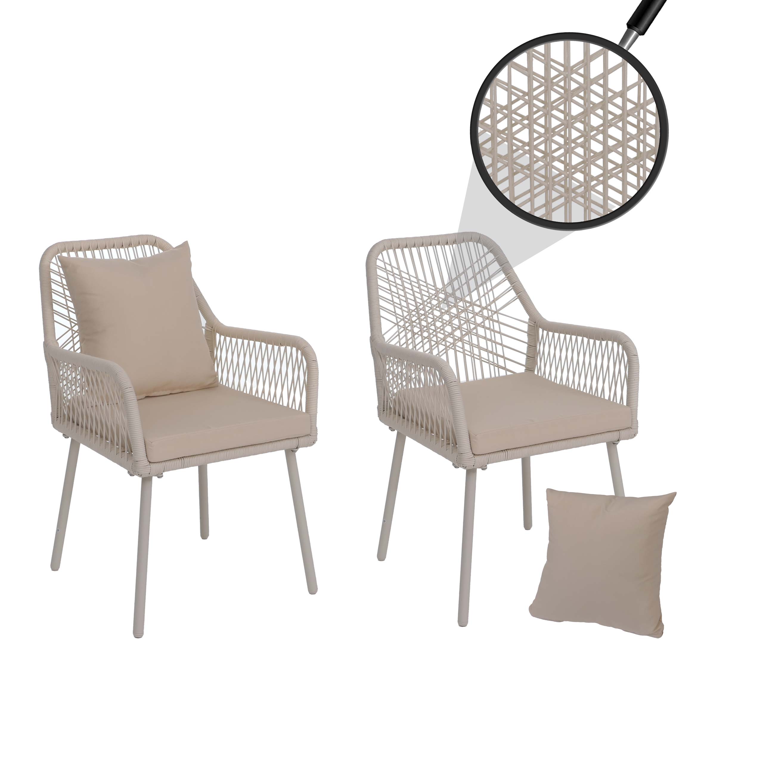 2er-Set Gartenstuhl MCW-O12, Outdoor Sitz-/R&uuml;ckenpolster Aluminium Seilgeflecht Rope ~ creme, Bezug creme 