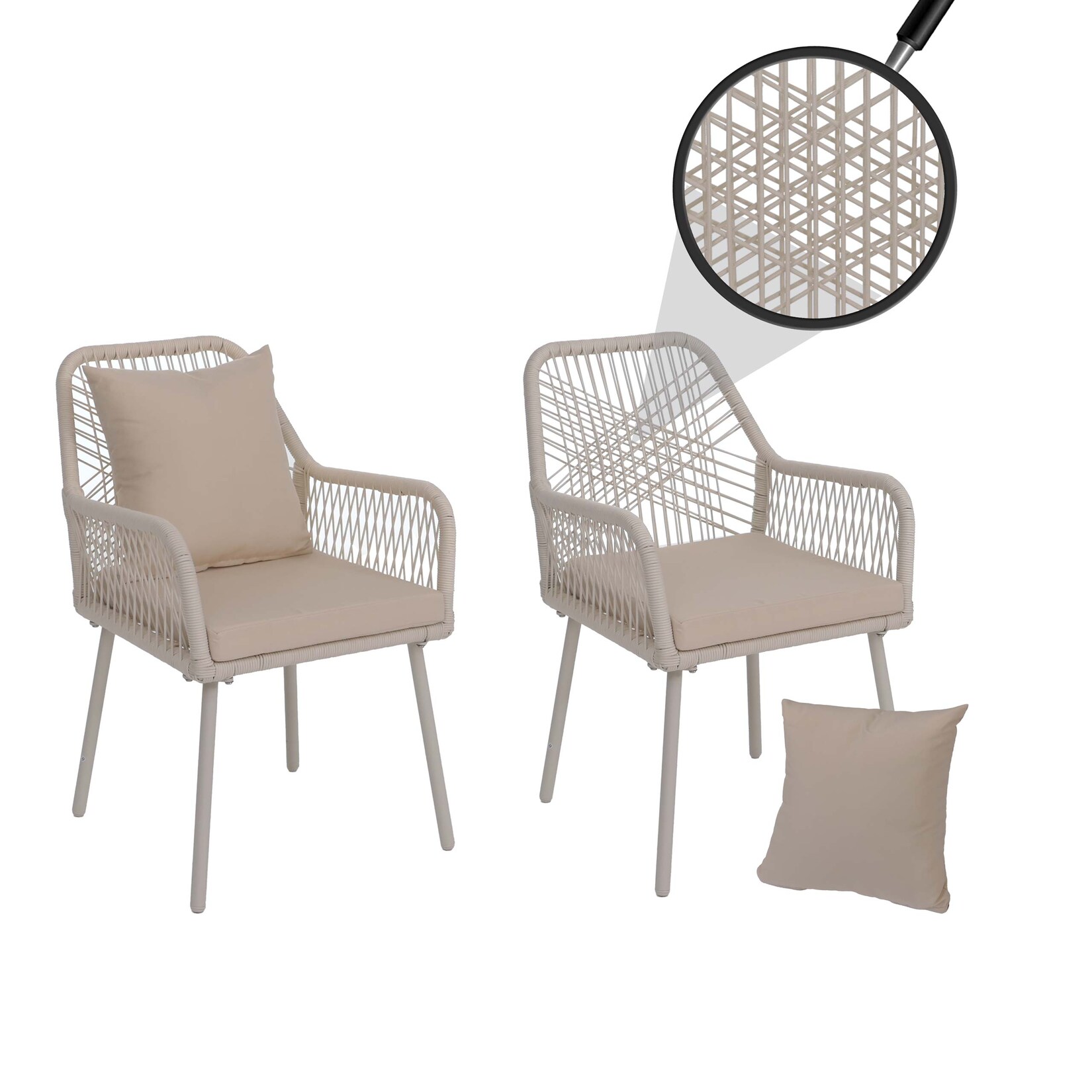 2er-Set Gartenstuhl -O12, Outdoor Sitz-/Rückenpolster Aluminium Seilgeflecht Rope ~ creme, Bezug creme