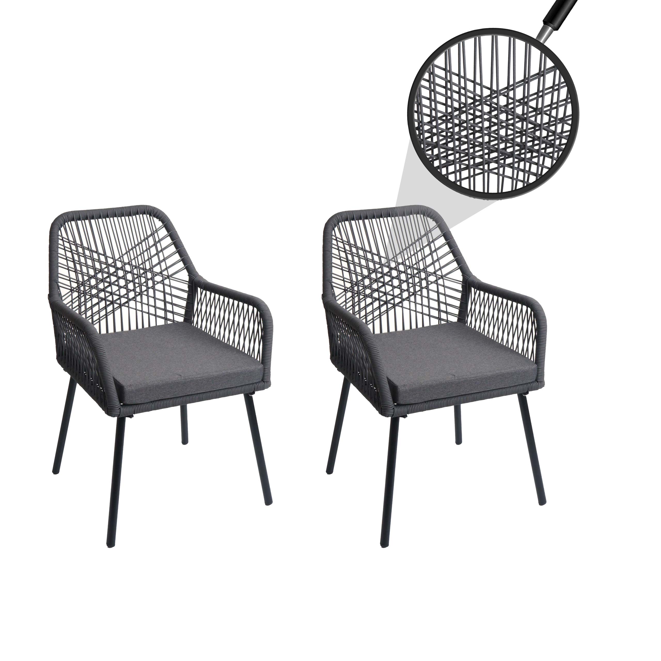 2er-Set Gartenstuhl MCW-O12, Outdoor Sitzpolster Aluminium Seilgeflecht Rope ~ anthrazit, Bezug dunkelgrau 