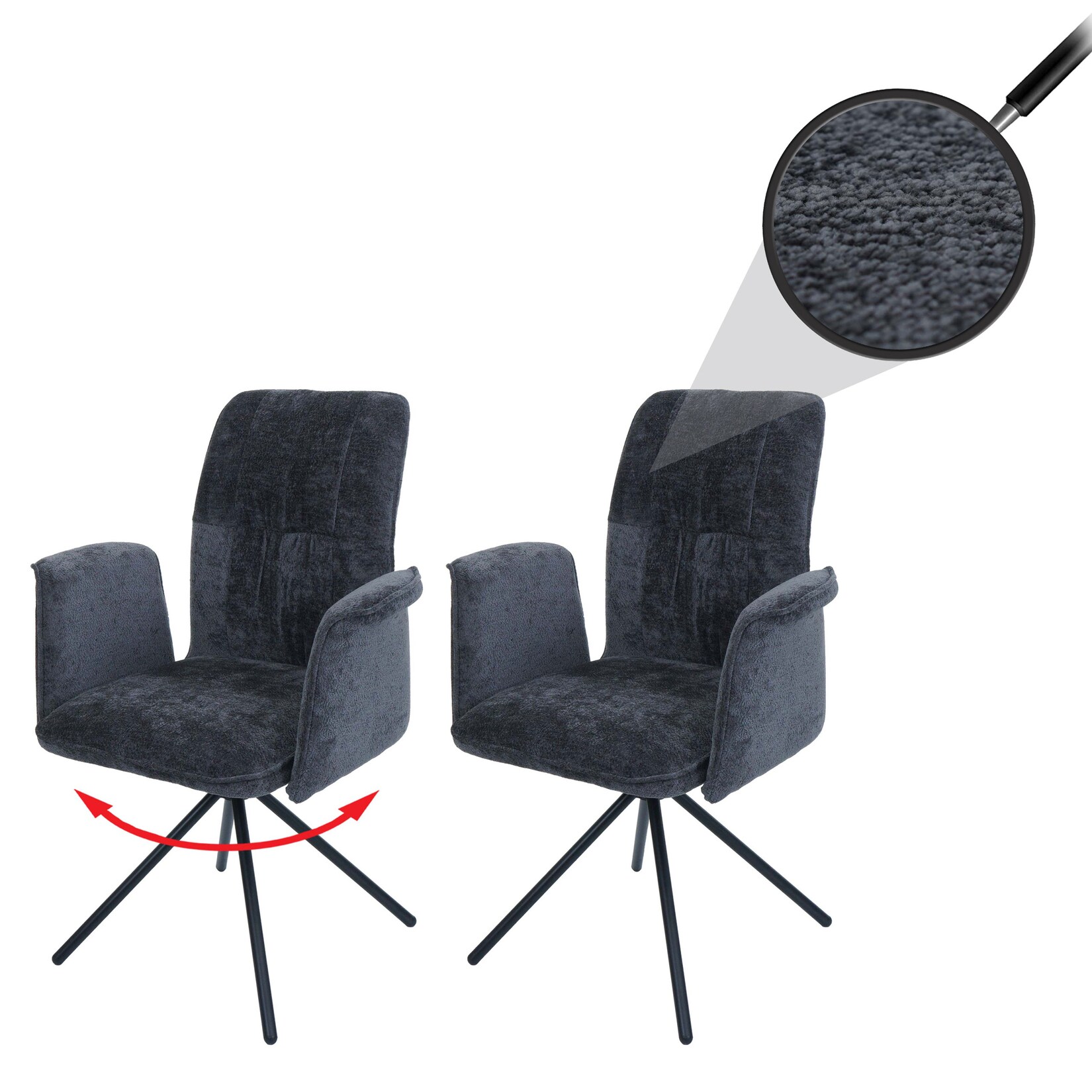 2er-Set Esszimmerstuhl MCW-N99, drehbar Armlehne Auto-Return, Stoff/Textil Chenille (340g/m²) ~ dunkelgrau