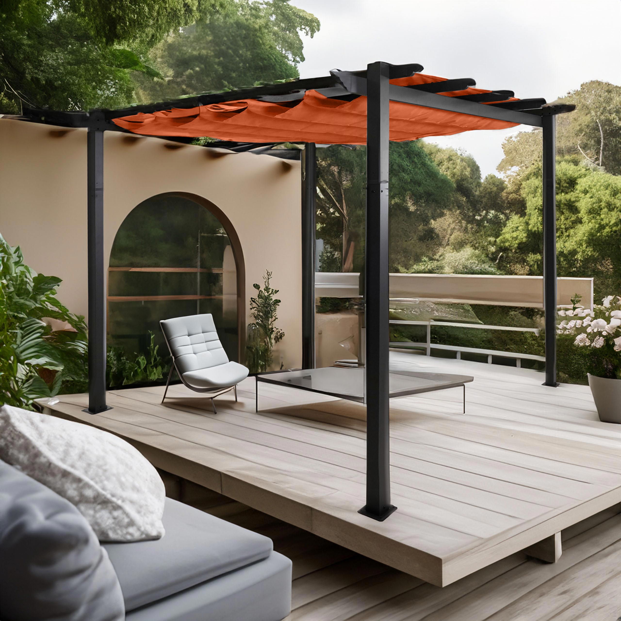 Aluminium Pergola MCW-N93, Gartenpavillon Pavillon Garten, stabiles 8cm-Gestell Schiebedach UV50+ 3x3m ~ terrakotta 