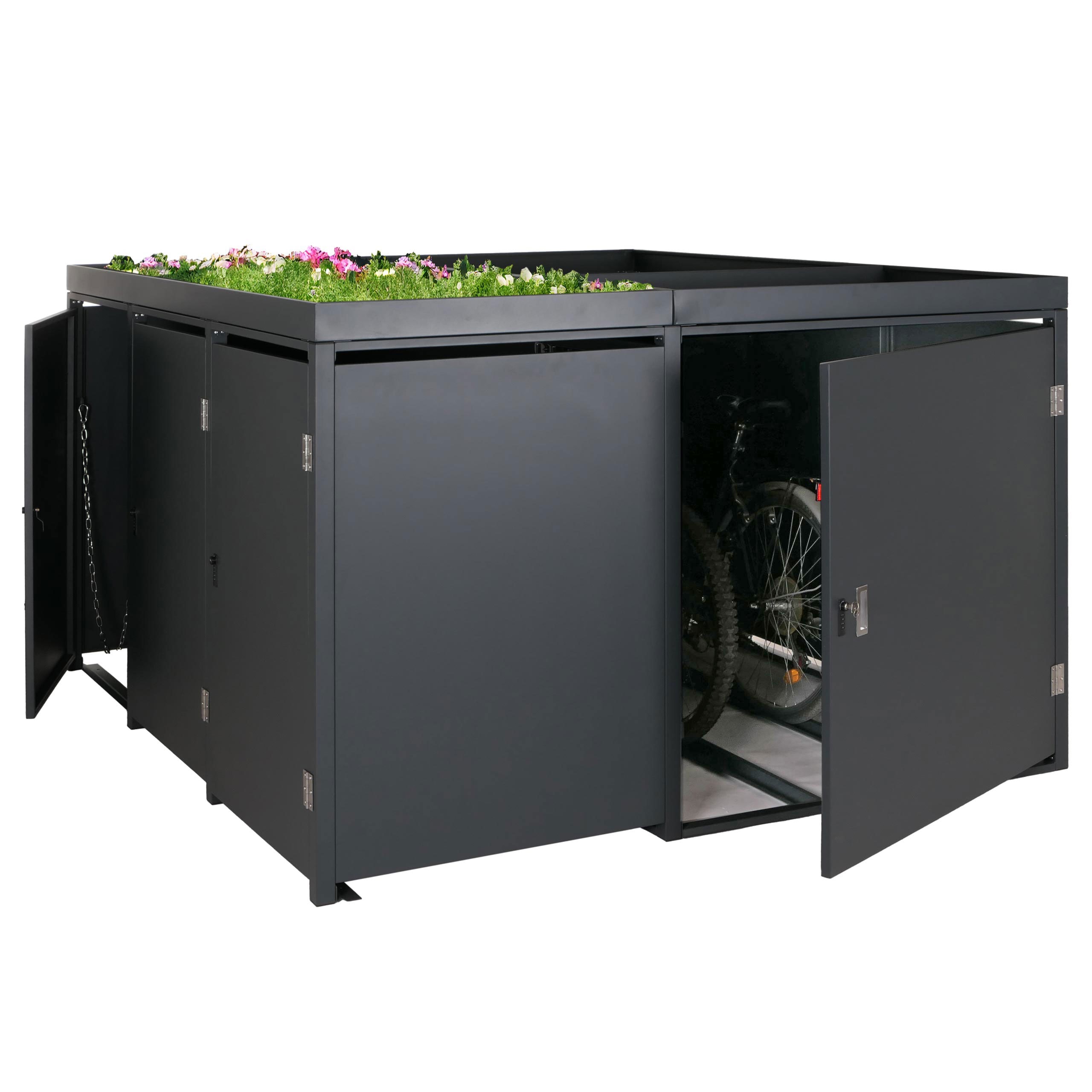 3er-M&uuml;lltonnenverkleidung / 2er-Fahrradgarage mit Pflanzkasten MCW-N79, abschlie&szlig;bar 130x193x208 cm Metall anthrazit 