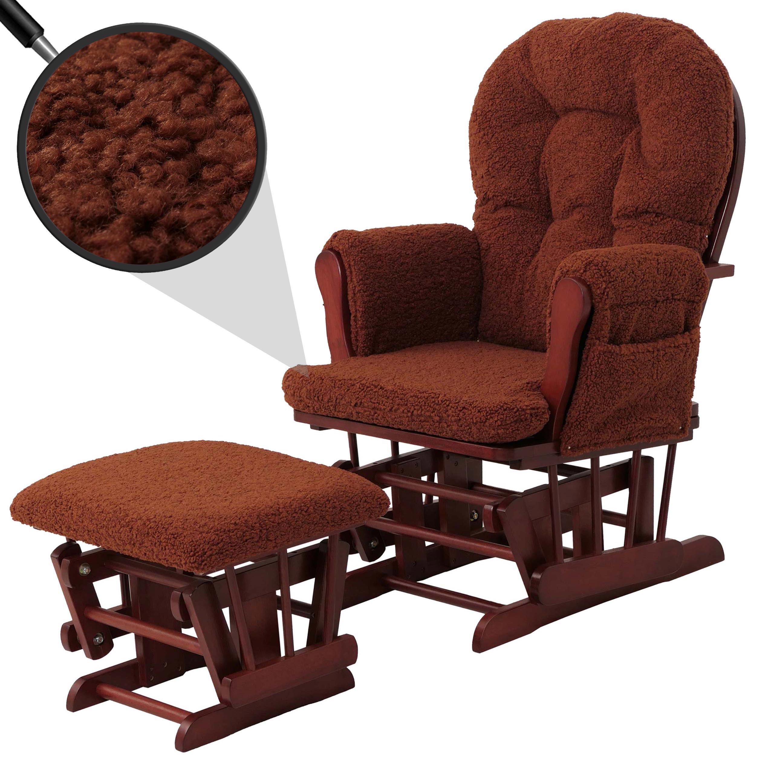 Relaxsessel MCW-C76, Schaukelstuhl Sessel Schwingstuhl + Hocker Stoff Boucl&eacute; 480g/m&sup2; &Ouml;ko-Tex ~ rostbraun Gestell dunkel 