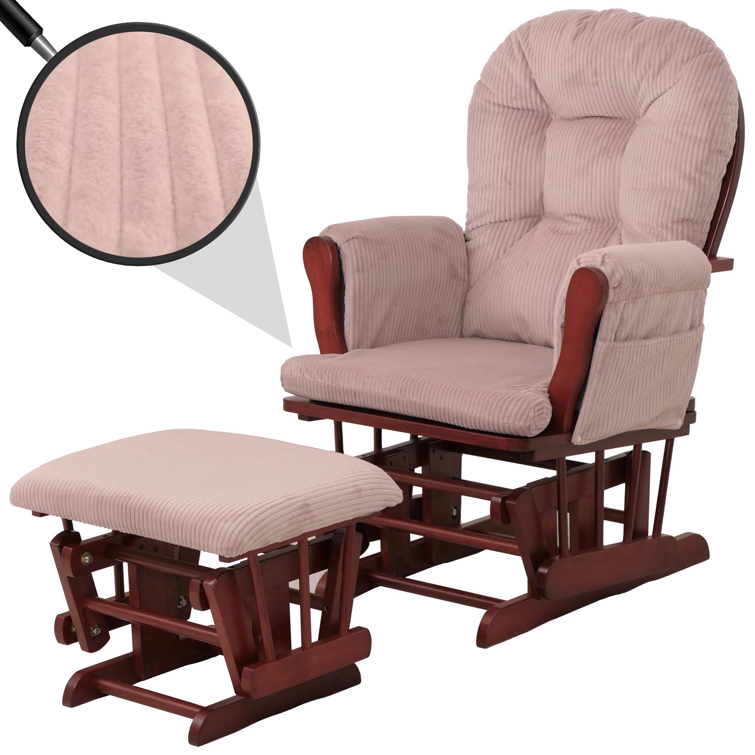 Relaxsessel MCW-C76, Schaukelstuhl Sessel Schwingstuhl mit Hocker Stoff Cord 320g/m&sup2; &Ouml;ko-Tex ~ rosa Gestell dunkel 