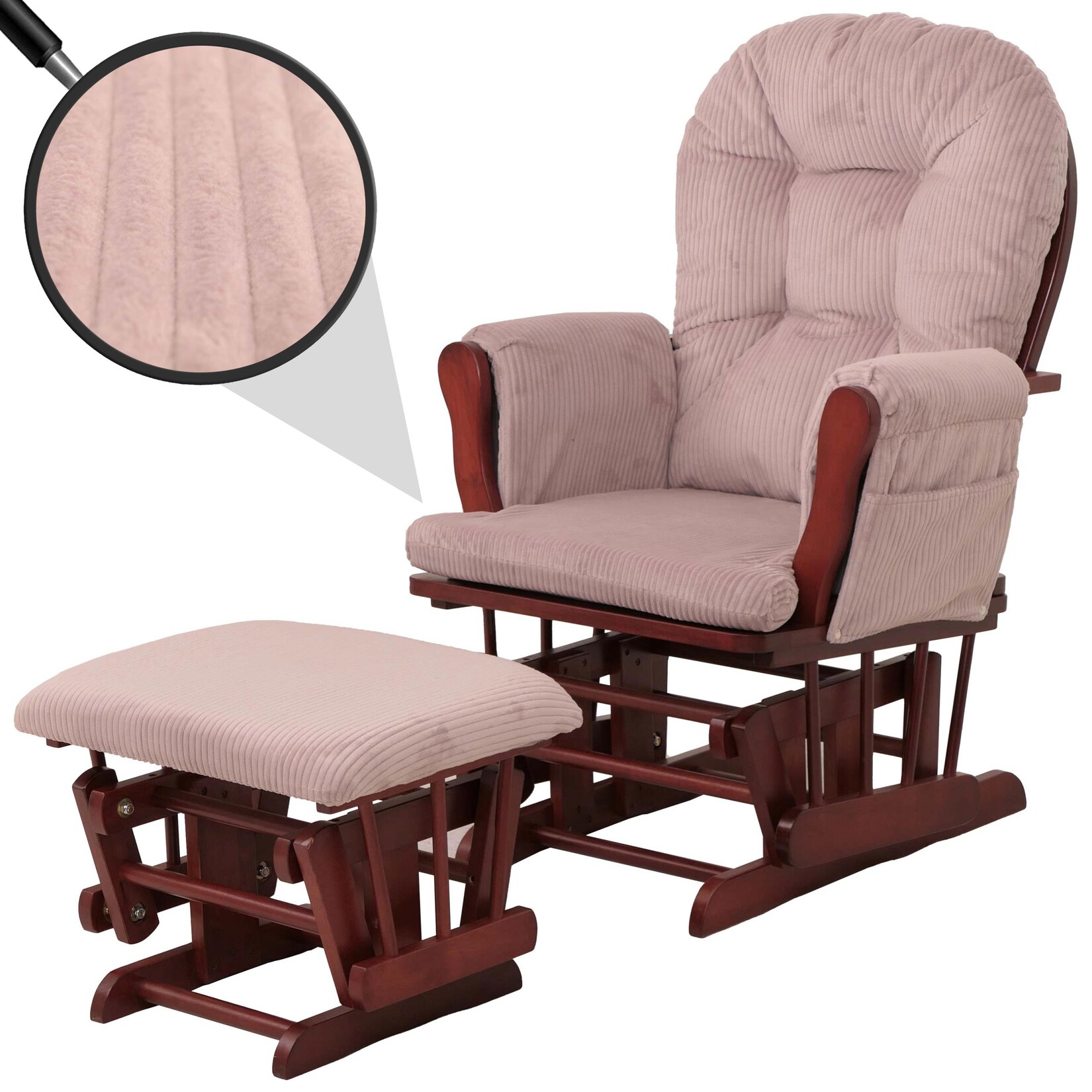 Relaxsessel MCW-C76, Schaukelstuhl Sessel Schwingstuhl mit Hocker Stoff Cord 320g/m² ~ rosa Gestell dunkel