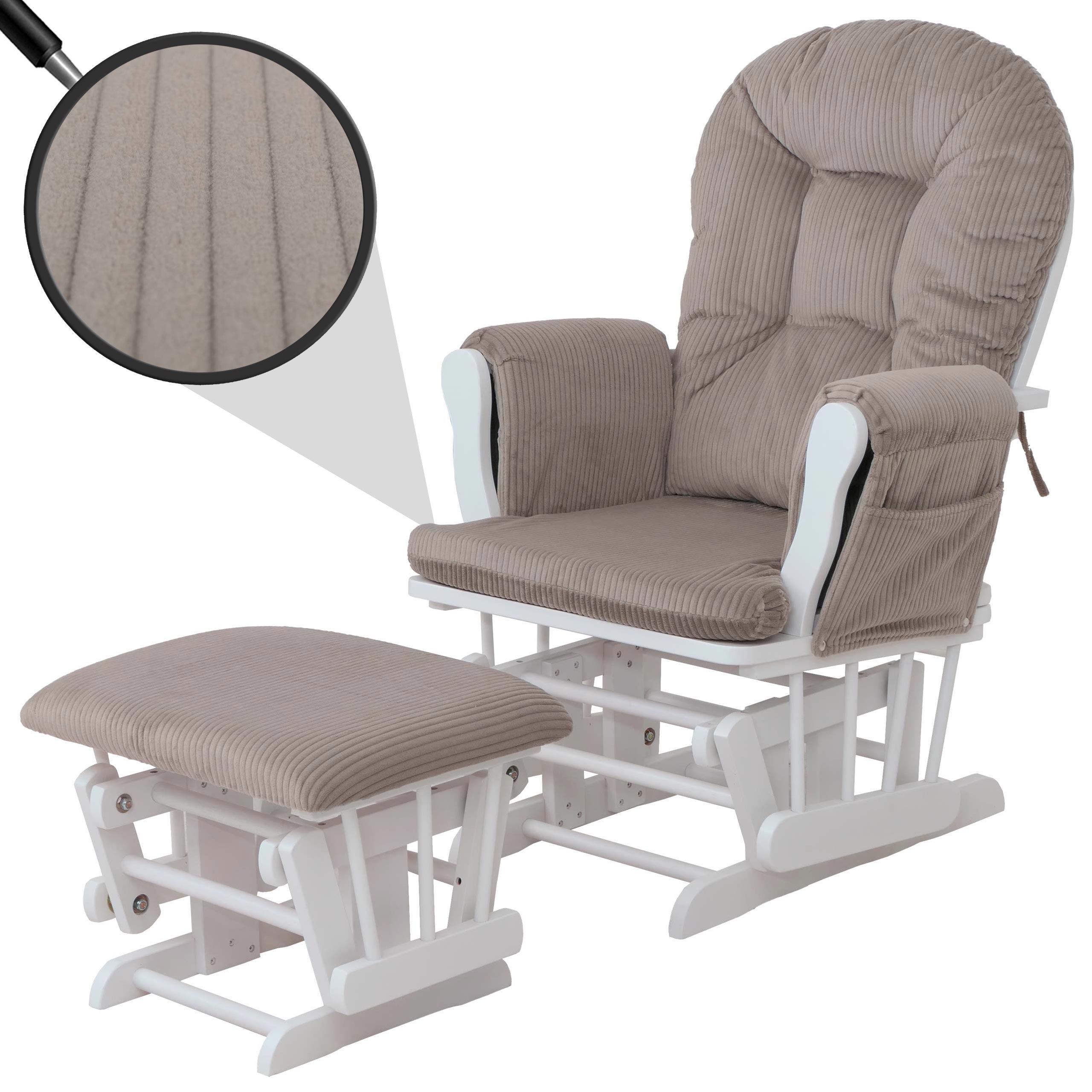 Relaxsessel MCW-C76, Schaukelstuhl Sessel Schwingstuhl mit Hocker Stoff Cord 320g/m&sup2; &Ouml;ko-Tex ~ hellgrau Gestell wei&szlig; 