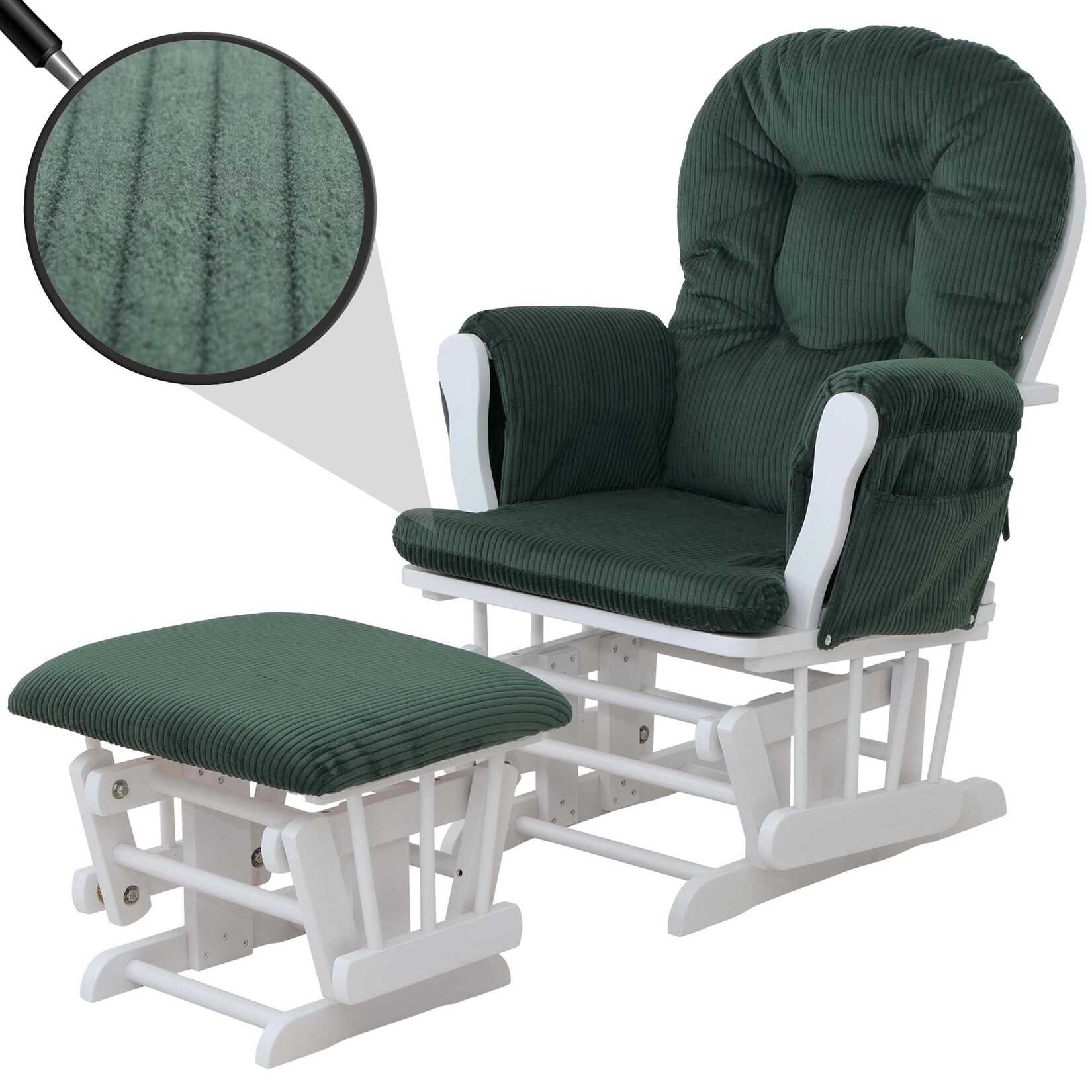 Relaxsessel MCW-C76, Schaukelstuhl Sessel Schwingstuhl mit Hocker Stoff Cord 320g/m² ~ grün Gestell weiß