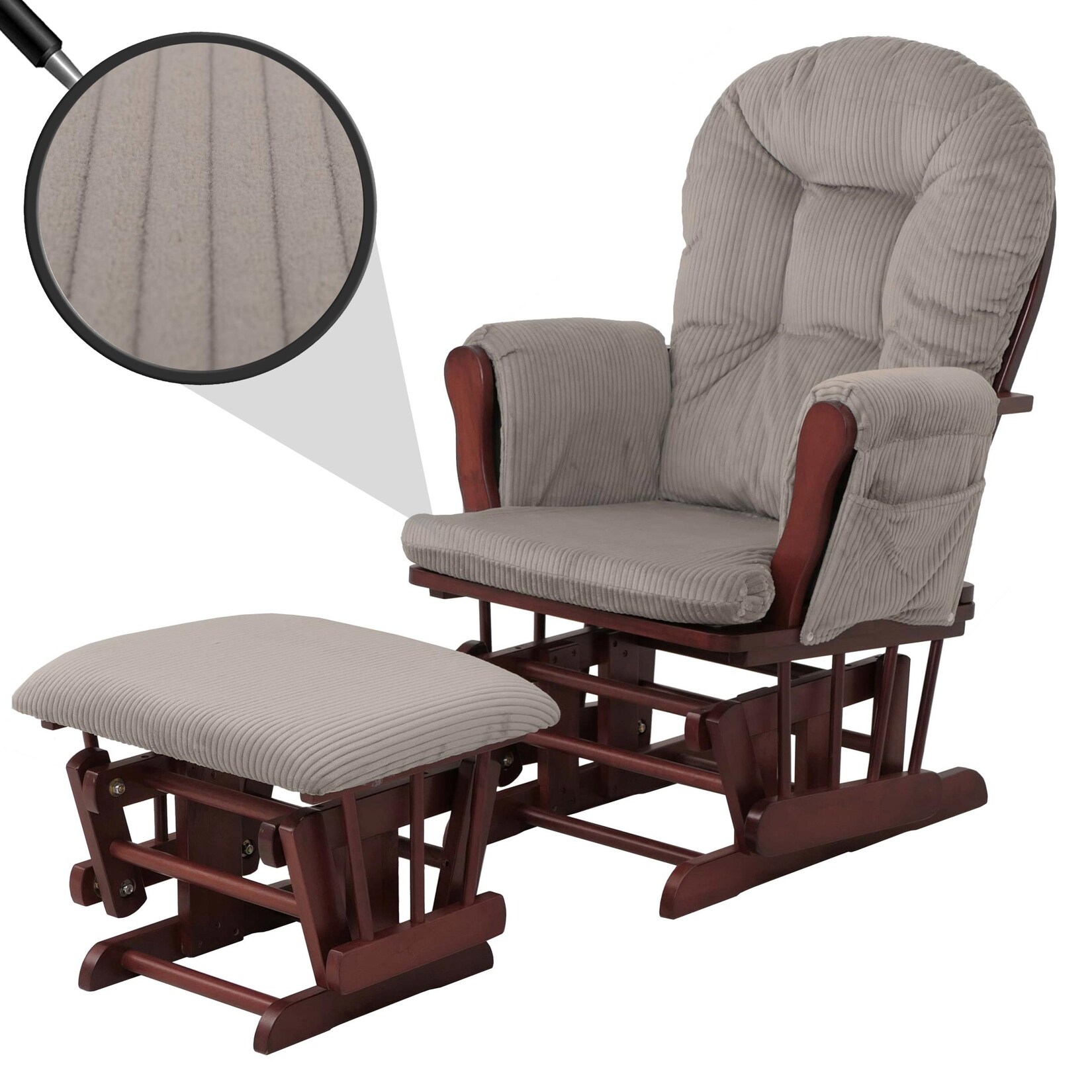 Relaxsessel MCW-C76, Schaukelstuhl Sessel Schwingstuhl mit Hocker Stoff Cord 320g/m² ~ hellgrau Gestell dunkel