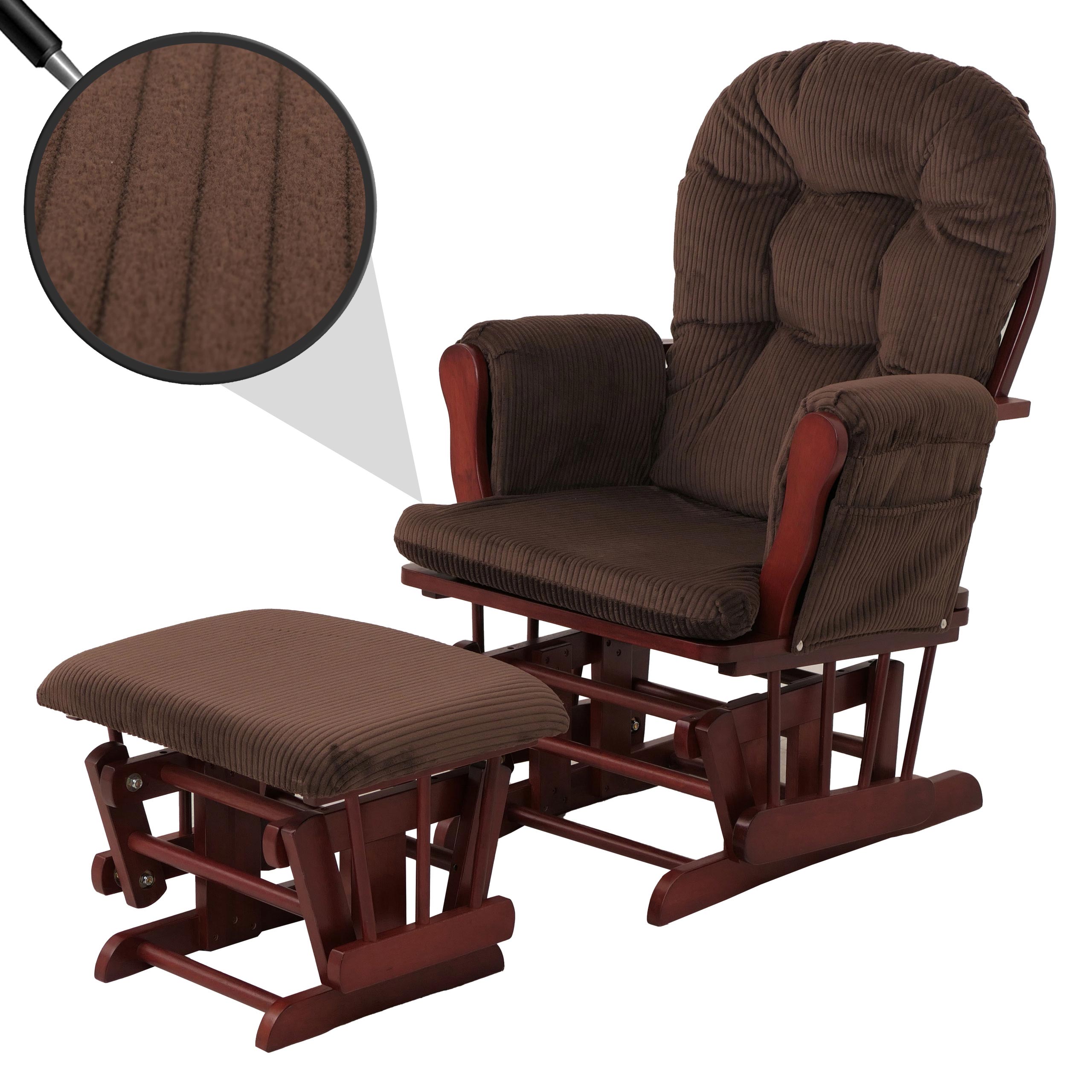 Relaxsessel MCW-C76, Schaukelstuhl Sessel Schwingstuhl mit Hocker Stoff Cord 320g/m&sup2; &Ouml;ko-Tex ~ braun Gestell dunkel 