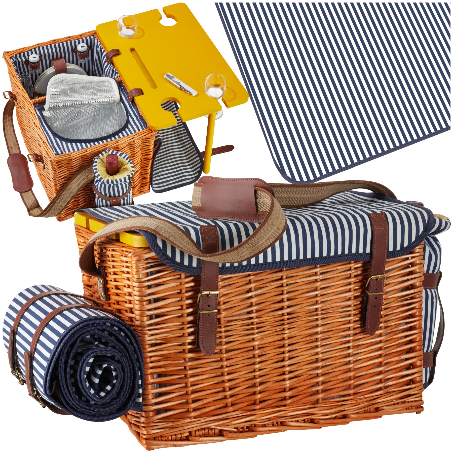 tectake&reg; Picknickkorb, f&uuml;r 4 Personen, mit Picknickdecke, geflochtene Weide, 2 Schnallenverschl&uuml;sse und verstellbarer Tragegurt, inkl. 20-teiliges Geschirrset, Kellnermesser, Gew&uuml;rzstreuer und Weink&uuml;hler 