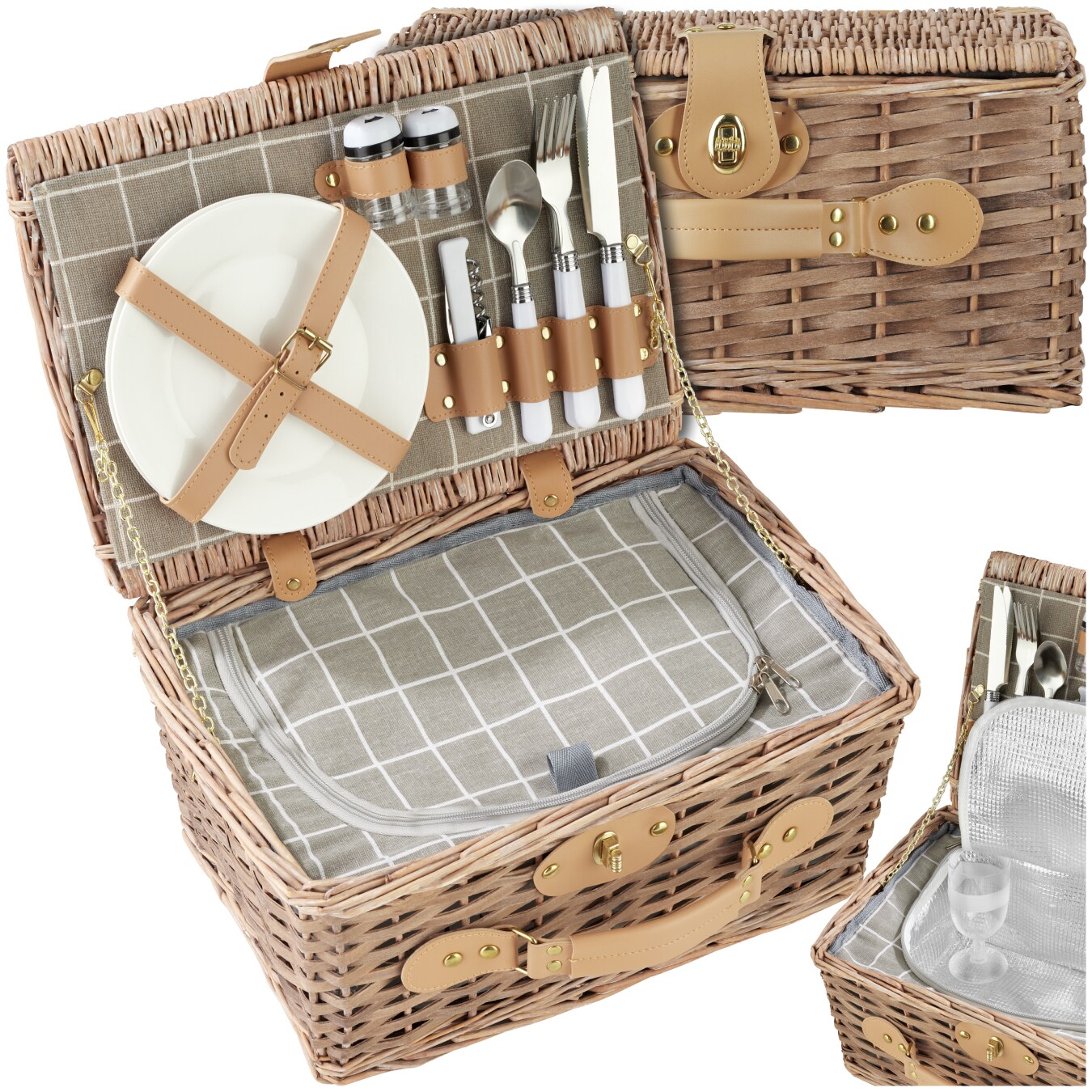 tectake® Picknickkorb, für 2 Personen, geflochtene Weide, mit Drehverschluss und Tragegriff, inkl. 10-teiliges Geschirrset, Kellnermesser und Gewürzstreuer