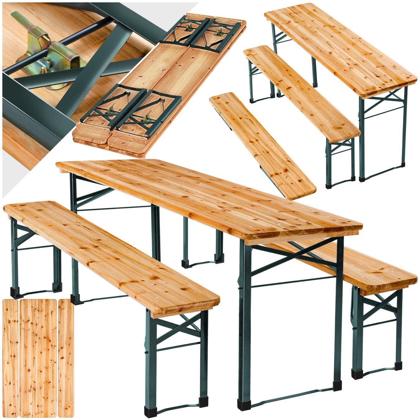 tectake&reg; Bierzeltgarnitur, 3-teilig, klappbar, beschichtetes Stahlgestell mit soliden Scharnieren, robustes Tannenholz mit Schutzlackierung 