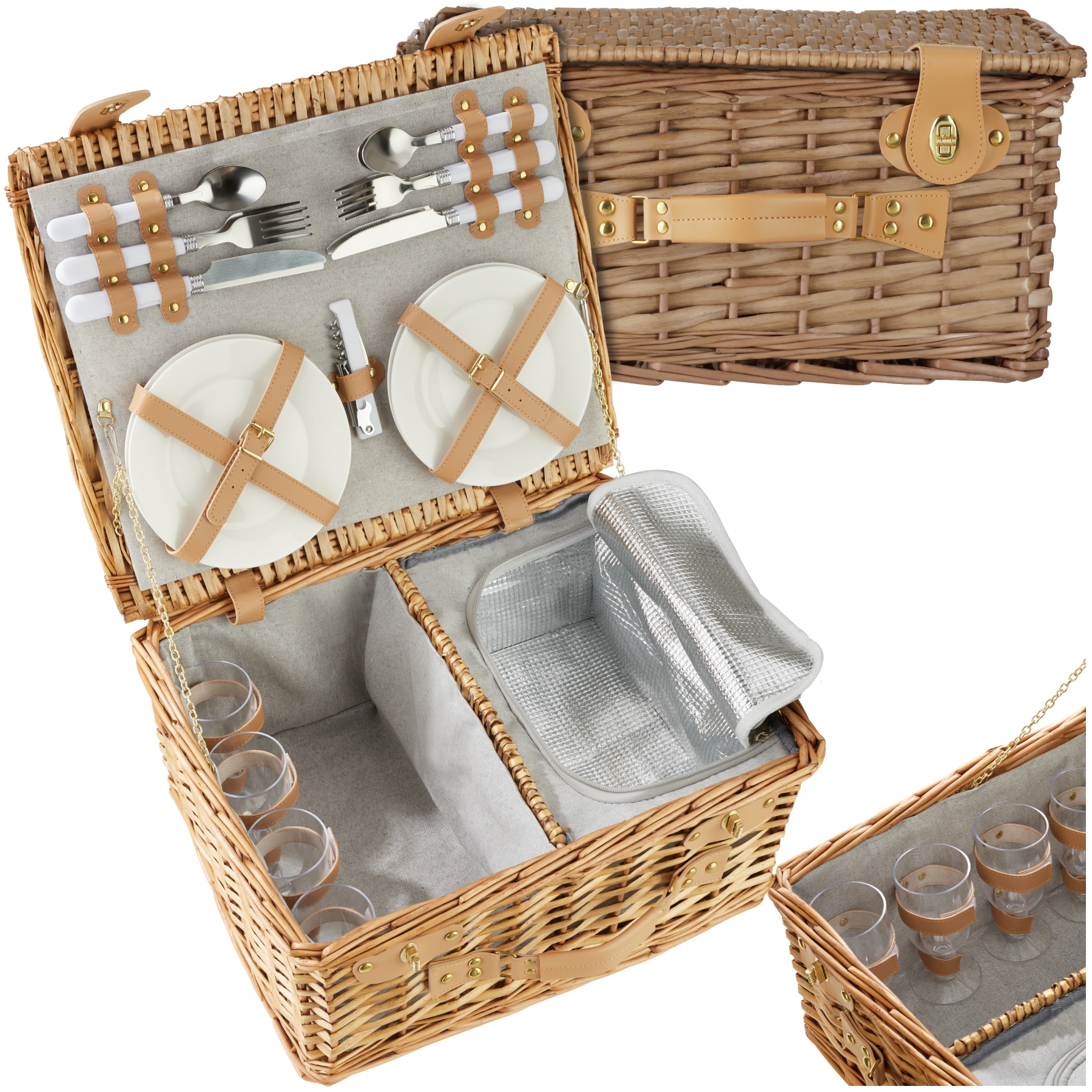 tectake&reg; Picknickkorb, f&uuml;r 4 Personen, geflochtene Weide, mit Drehverschl&uuml;ssen und Tragegriff, inkl. 20-teiliges Geschirrset und Kellnermesser 