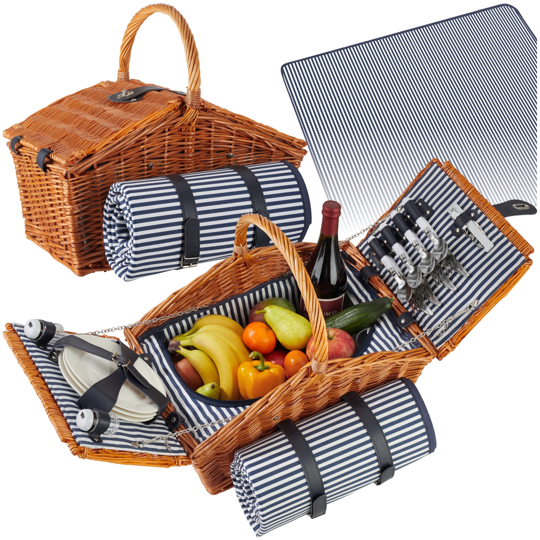 tectake&reg; Picknickkorb, f&uuml;r 4 Personen, mit Picknickdecke, geflochtene Weide, mit Drehverschluss und Tragegriff, inkl. 20-teiliges Geschirrset, Kellnermesser und Gew&uuml;rzstreuer 