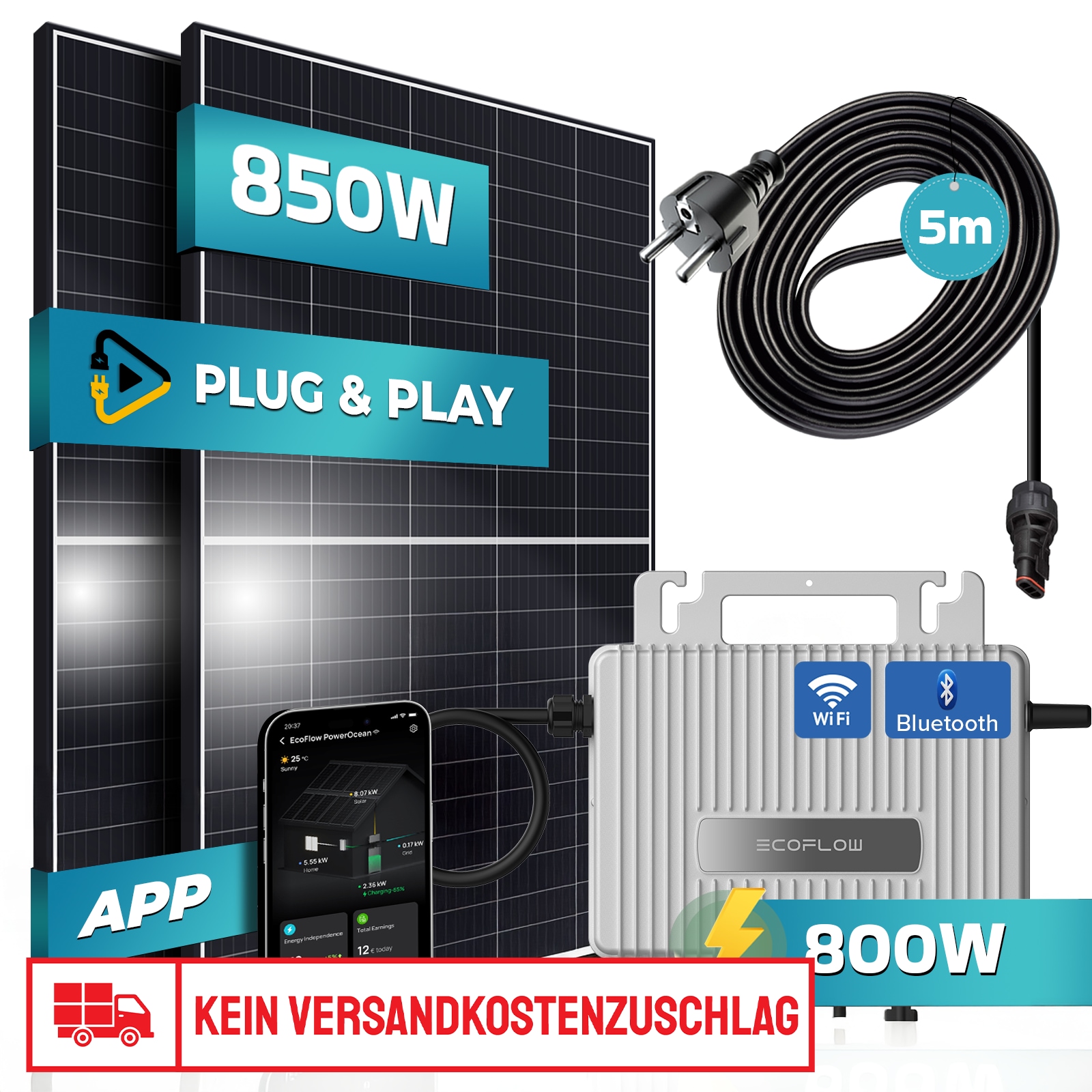 SUNNIVA&reg; 850W Balkonkraftwerk 800W komplett Steckdose - Ecoflow Stream 800W Micro Wechselrichter - PV Solaranlage Komplettset - 2x 425W (850W) Solarmodule - inkl. 5m Kabel - Bluetooth, WIFI 
