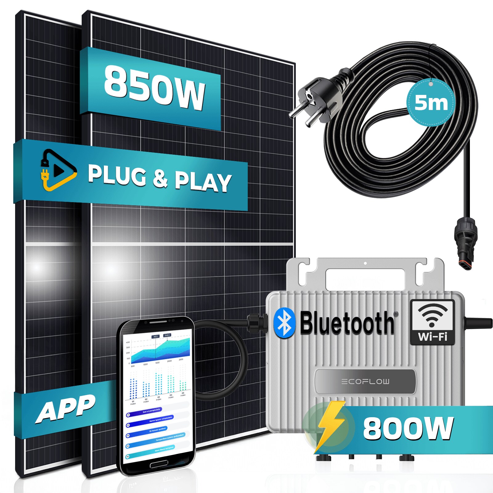 ® 850W Balkonkraftwerk 800W komplett Steckdose - Ecoflow Stream 800W Micro Wechselrichter - PV Solaranlage Komplettset - 2x 425W (850W) Solarmodule - inkl. 5m Kabel - Bluetooth, WIFI