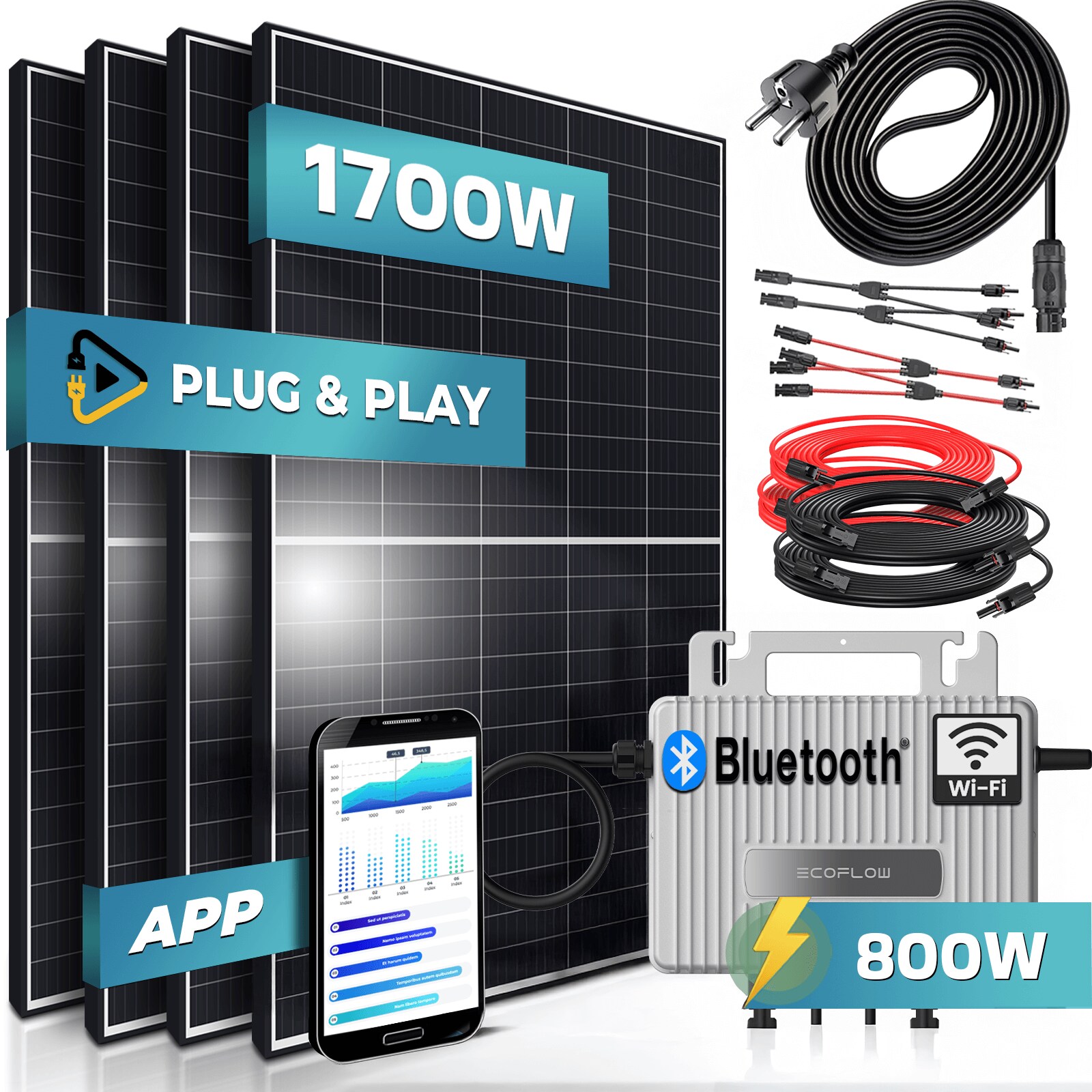 SUNNIVA&reg; 1700W Balkonkraftwerk 800W komplett Steckdose - Ecoflow S 800W Micro Wechselrichter - PV Solaranlage Komplettset, 4x 425W (1700W) Solarmodule, inkl.5m Kabel, Y-Verteiler, Bluetooth, WIFI 