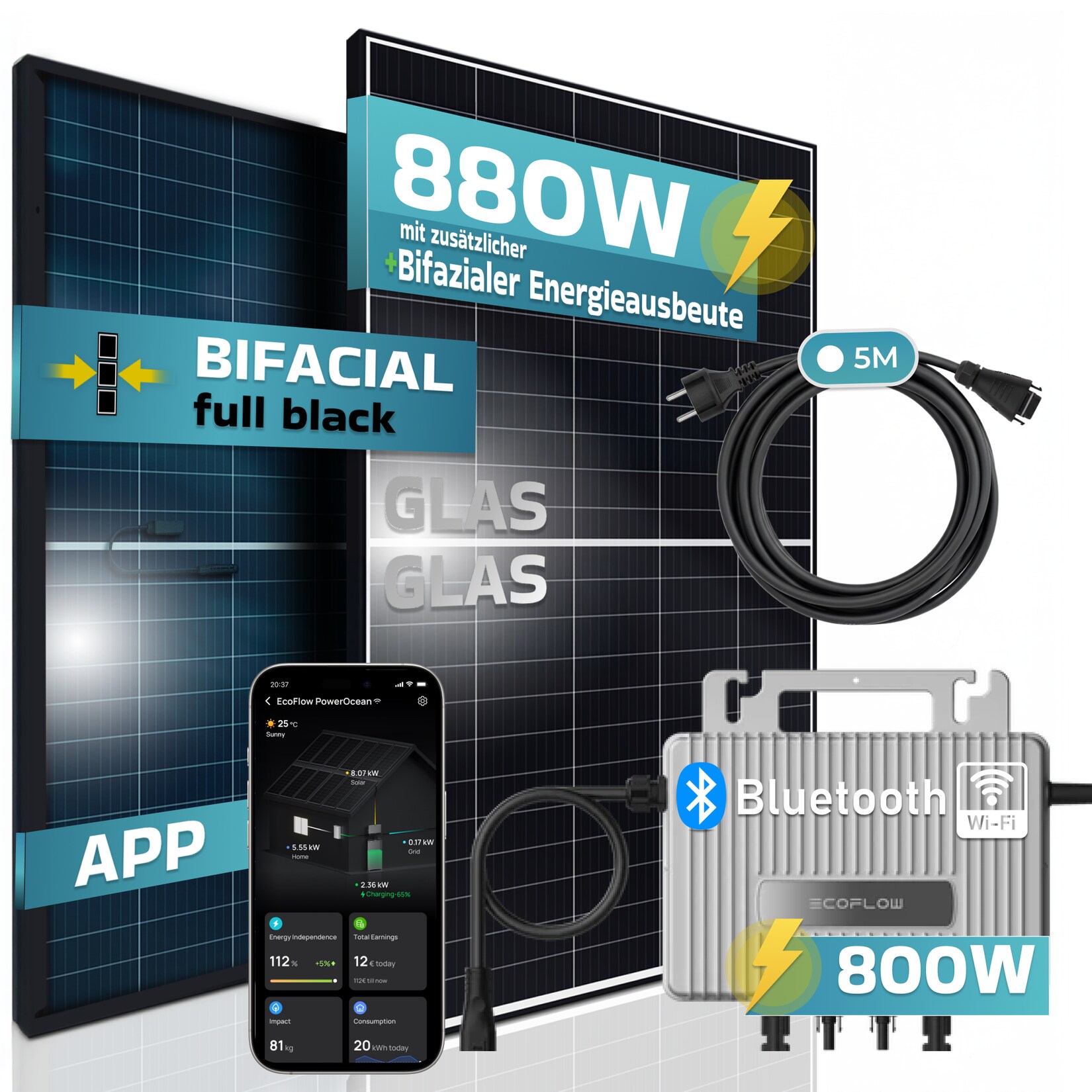 ® 880W Balkonkraftwerk 800W komplett Steckdose - Eco Flow 800W Wechselrichter - PV Solaranlage Komplettset - 2x 440W BIFAZIAL, BLACK Frame, Single Glas Solarmodule - inkl. 5m Kabel - Bluetooth