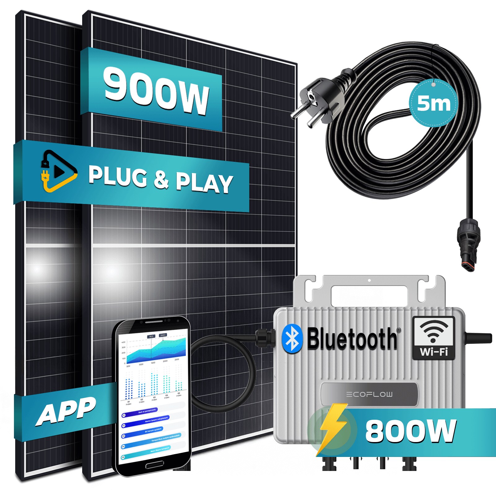 ® 900W Balkonkraftwerk 800W komplett Steckdose - Ecoflow Stream 800W Wechselrichter - PV Solaranlage Komplettset - 2x 450W (900W) Solarmodule - inkl. 5m Kabel - Bluetooth, WIFI